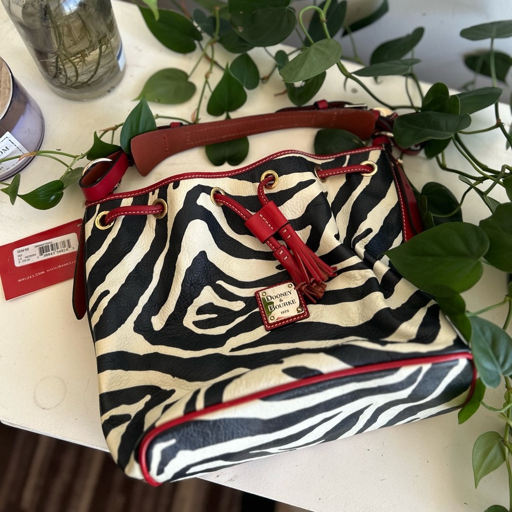 NWT Dooney & Burke Zebra Leather Drawstring Bag & Coin Purse - Picture 5 of 8